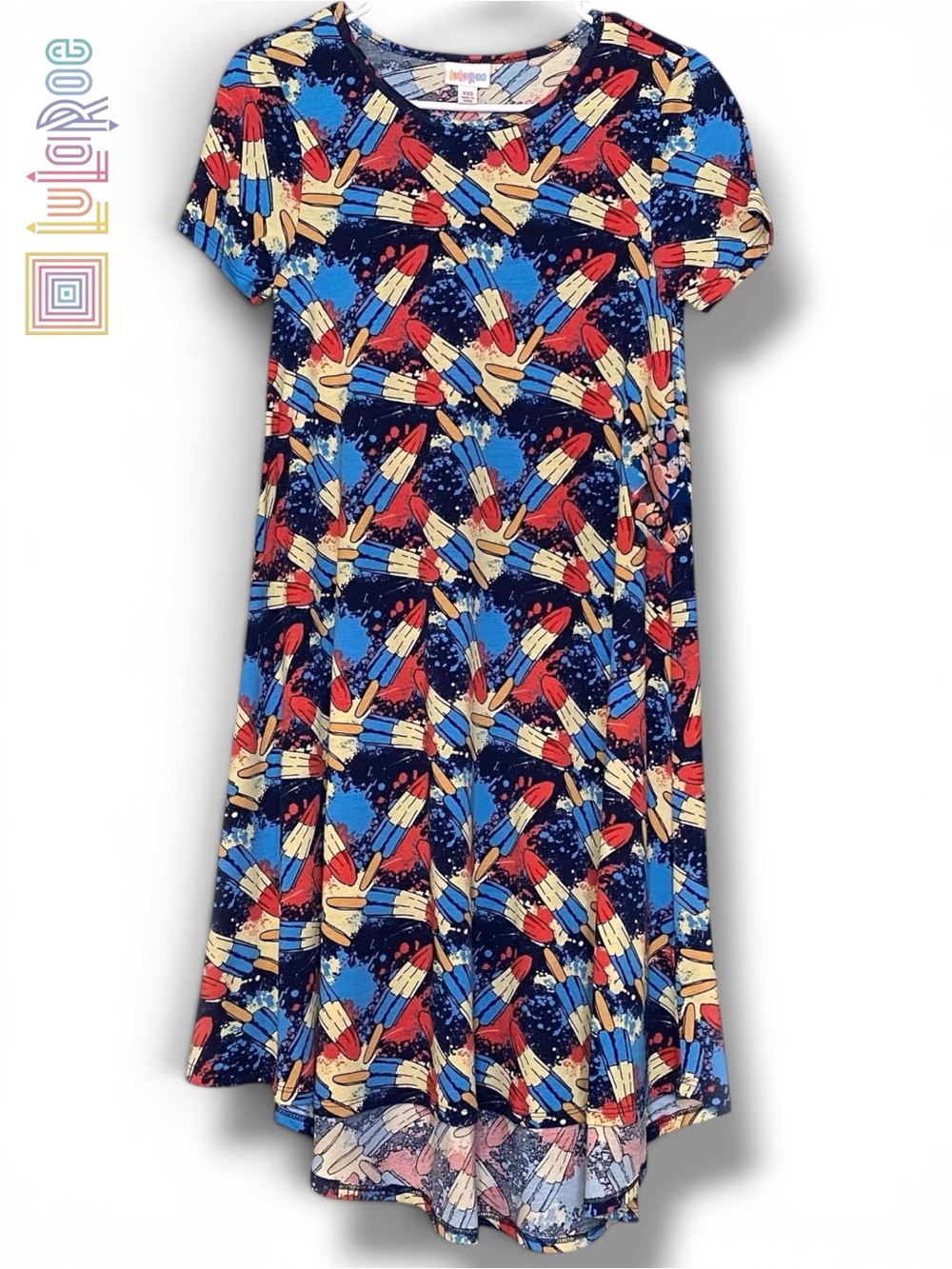 LulaRoe Dress 'Bomb Pop' Popsicles Red/White/Blue Carly Swing 4th of July | XS